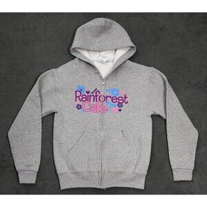 Rainforest Cafe Zip Up Hoodie Youth Medium Gray Jerzees NuBlend Y2K Pink Blue